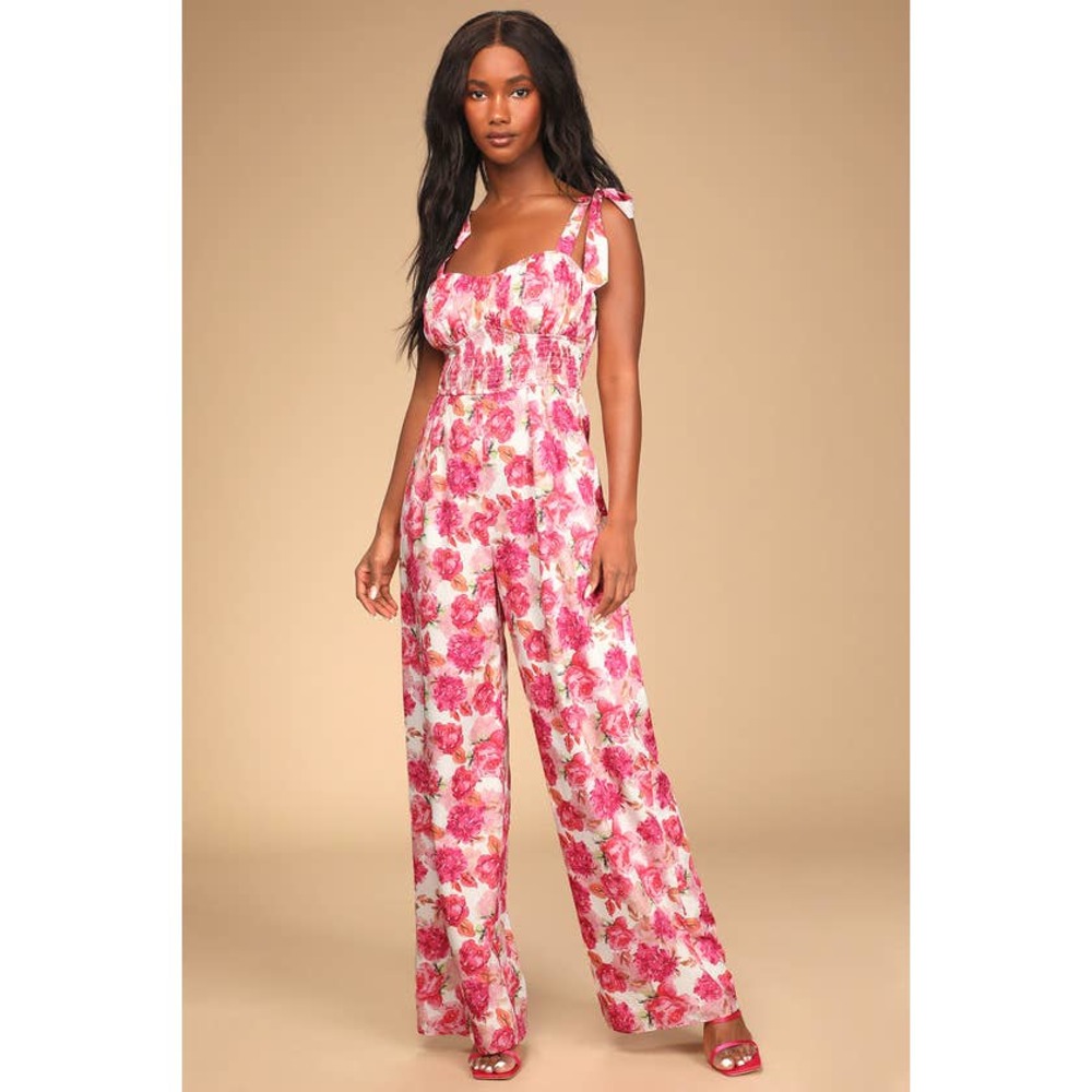 Lulu's Exquisite Outing Ivory Floral Print Tie-Strap Wide-Leg Jumpsuit Medium